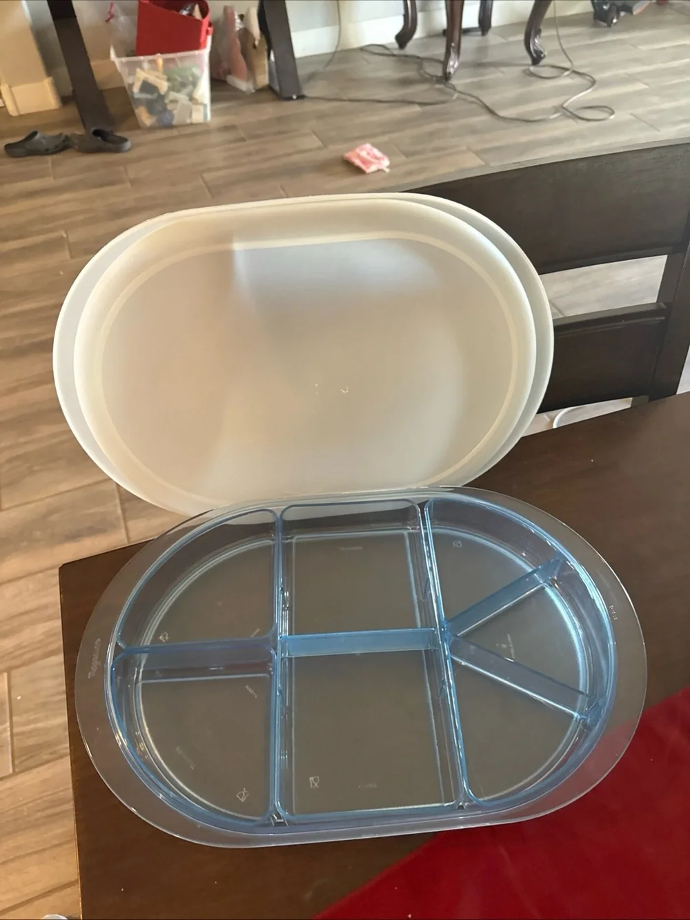Airtight Divided Tupperware Container - Clear Blue Lid, White Base